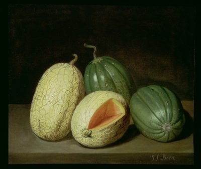 A Still Life with Melons on a Ledge by Jacob Samuel Beck